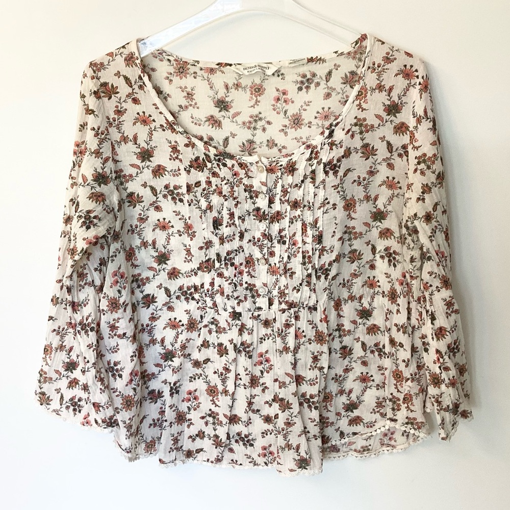 Denim & Supply Ralph Lauren 3/4 Sleeve Half Button Pintuck Floral Top - M